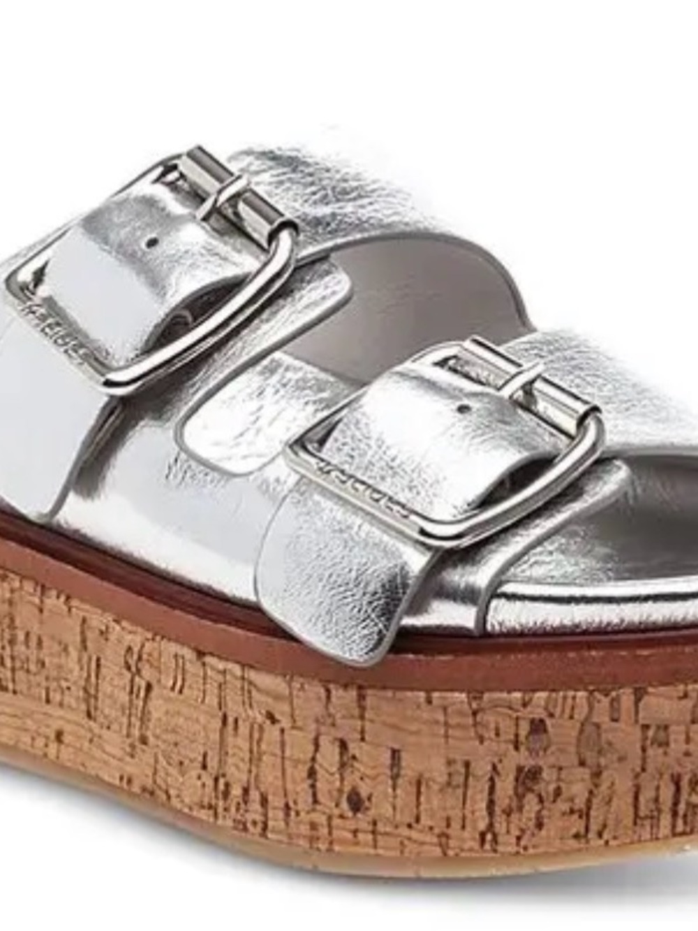 J Slides Metallic Silver Belinda Double-Buckle Cork Platform Sandals